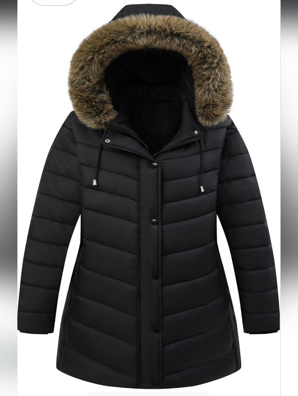 Warm Winter Black Puffer Coat with Faux Fur Hood